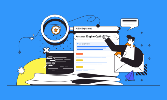Illustration explaining Answer Engine Optimization (AEO), showing a magnifying glass, AI overview search results, and a person optimizing content to rank in answer engines.