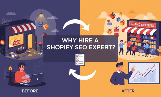 Why hire a Shopify SEO expert illustration showing struggling online store before SEO and successful growing Shopify store after optimization