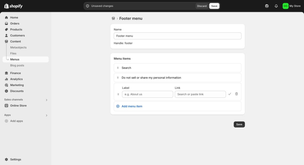 Shopify Store Footer Menu