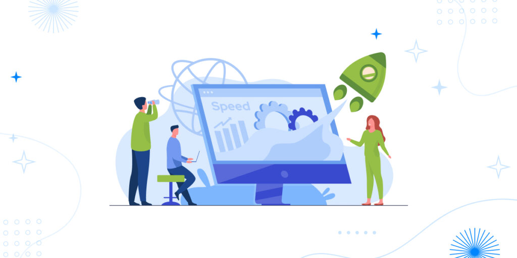An illustration for 'Avoiding Speed Optimization of Your eCommerce' featuring two people working on a computer screen displaying 'Speed' with graphs and gears. One uses binoculars to inspect, the other types on a laptop, while a green rocket launches nearby. Surrounded by stars, waves, and abstract shapes on a light blue background.