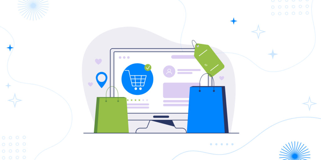 An illustration for 'Common eCommerce Mistakes to Avoid During BFCM 2025' showing a person tripping over a shopping cart with scattered products and a broken clock. The background includes warning signs, discount tags, and a festive red-and-black design for Black Friday Cyber Monday 2025.