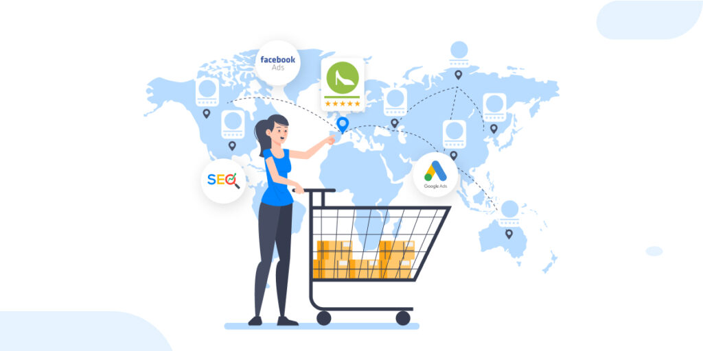 An illustration for 'Focus on SEO, Google Ads, Facebook Ads to Retarget Your Shoppers' showing a woman pushing a shopping cart filled with boxes, pointing at a world map with pinpoints. Icons for SEO, Google Ads, and Facebook Ads with a shoe rating are displayed, set against a light background with abstract shapes.