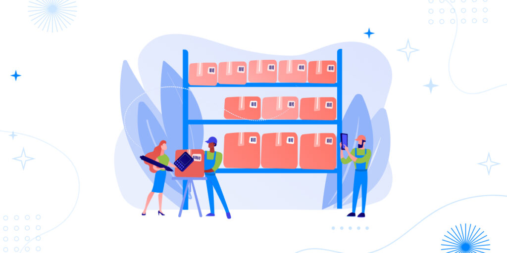 An illustration for 'Not Keeping Track of Your Inventory' showing a warehouse scene with three workers managing shelves of red boxes. A woman scans a barcode with a device, a man lifts a box, and another holds a scanner. Leaves, stars, and waves add decorative elements on a light blue background.