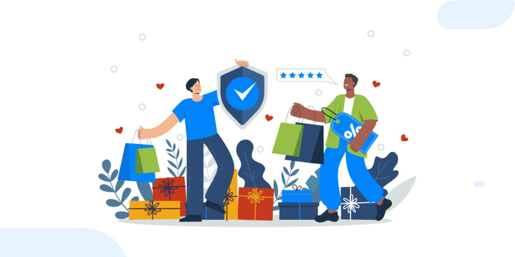An illustration for 'Reward Your Loyal Customers' showing two people with shopping bags and gifts. One holds a shield with a checkmark and five stars, while the other carries a certificate. The scene includes wrapped presents, leaves, and heart icons on a light background.