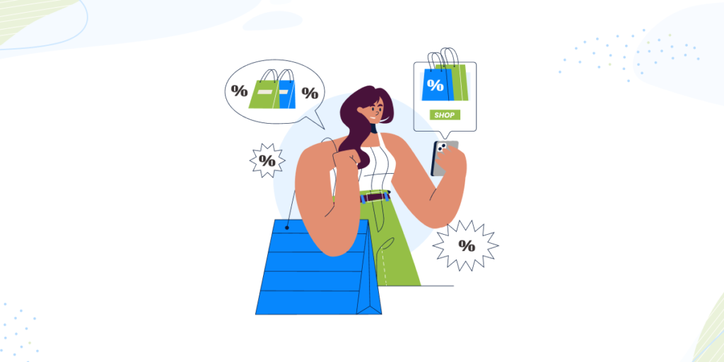  An image with the title "The FOMO Tactic: The Fear of Missing Out". It features a woman in a white top and green pants, smiling while looking at her phone. She is surrounded by shopping bags and discount symbols, with a thought bubble above her head showing more bags and a "Shop" button, representing the desire to buy more so she doesn't miss out on sales.