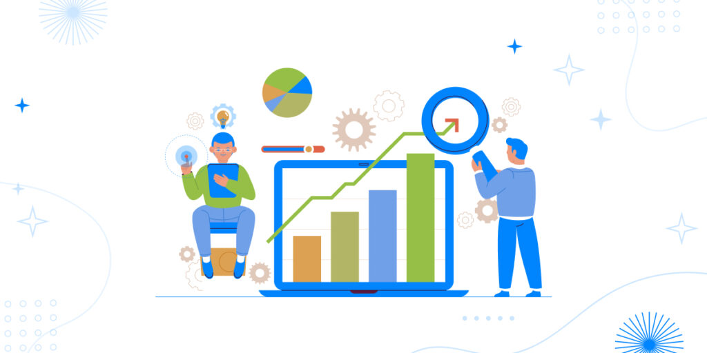 An illustration for 'Underestimating Website Traffic & Performance' showing two people analyzing data on a laptop. One sits with a phone, viewing rising bar graphs and a pie chart, while the other stands pointing with a pen. Icons of gears, a clock, and a lightbulb are included, with stars and waves on a light blue background.