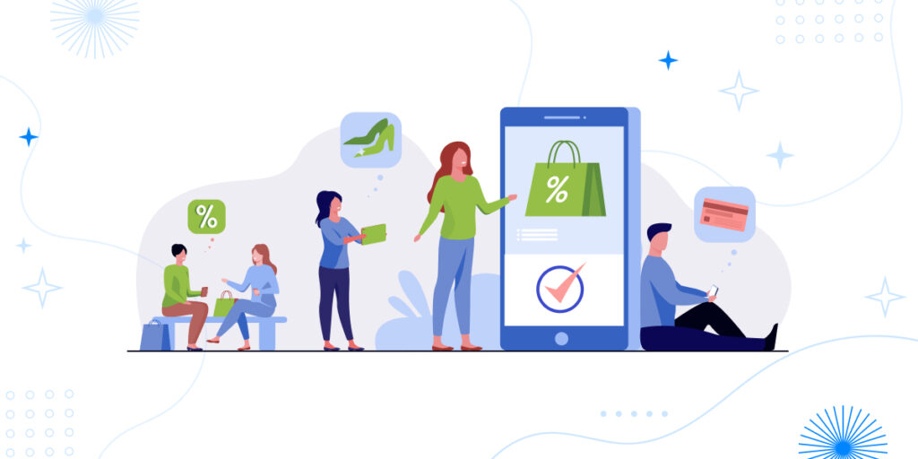 An illustration for 'Waiting Too Long to Start' depicting a group of people engaged in a mobile shopping session. A central woman points to a large phone screen showing a shopping bag with discount tag, while others hold bags, tablets, and a credit card. Thought bubbles with shoes and hearts float above, surrounded by stars and waves on a light blue background.