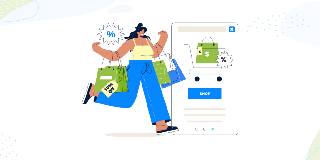 An image with the title "Why BFCM Strategies Are Important for Shopify Merchants?". It shows an illustrated woman in a hat, tank top, and blue pants, running happily with several shopping bags. Next to her is a mobile phone screen displaying a shopping cart with a bag and a "Shop" button, with a discount symbol nearby.