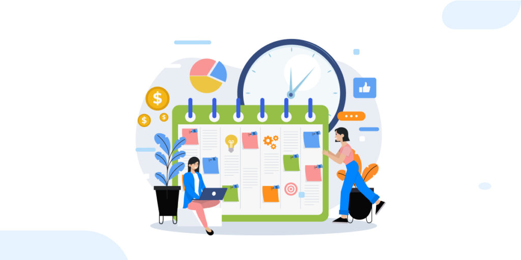 An illustration promoting 'Why You Should Start Planning for BFCM Now' featuring a large calendar with sticky notes, a clock, and two people working together. One person uses a laptop near a plant, while the other adjusts the calendar. Icons of money, a pie chart, a like button, and gears are included in the background.