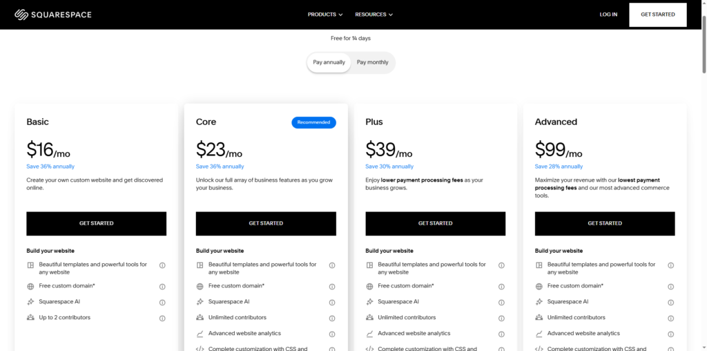 "Squarespace pricing page featuring four website plans: Basic at $16/month, Core at $23/month (recommended), Plus at $39/month, and Advanced at $99/month. Each plan includes beautiful templates, Squarespace AI, and varying features like free custom domain, unlimited contributors, advanced analytics, and complete customization with CSS and HTML."