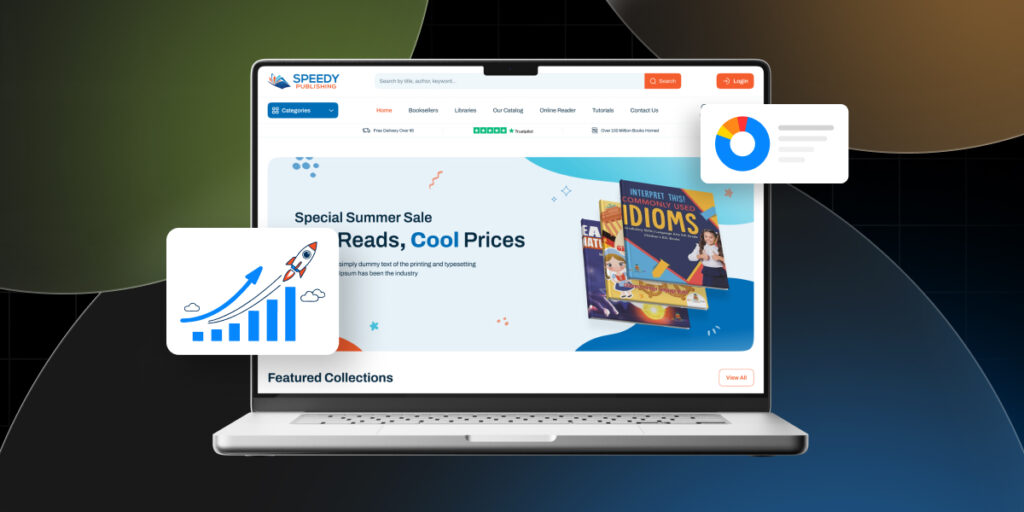 Laptop displaying an online store homepage with book sale banner, surrounded by icons showing growth chart with rocket and analytics pie chart, representing website design optimization.