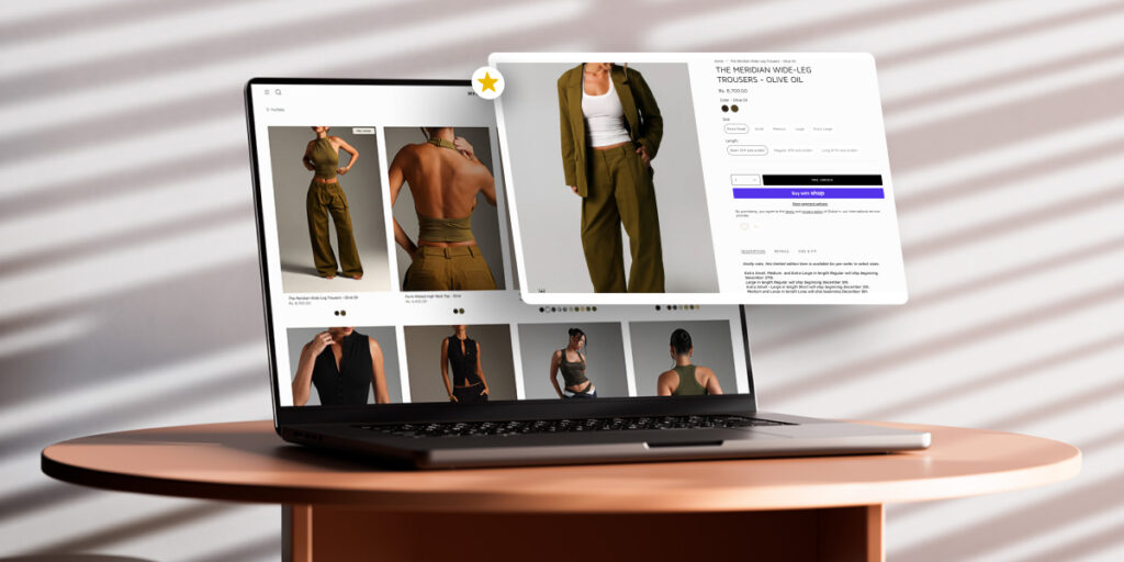 laptop displaying a fashion Shopify store with focus on product gallery and individual product details for trousers and tops