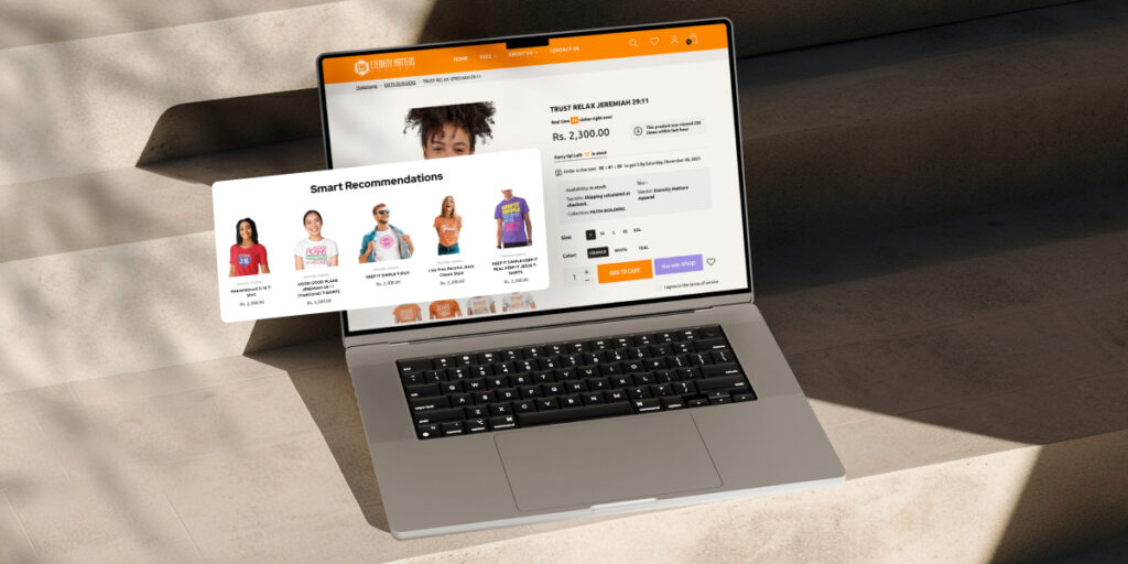 Smart Recommendations That Feel Personal Not Pushy – laptop screen showing a fashion store product page with an overlay of personalized clothing recommendations