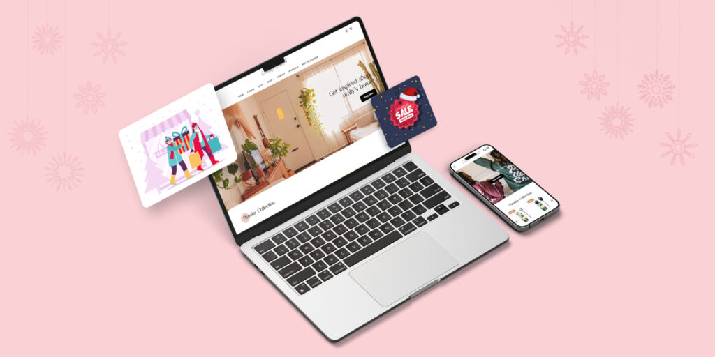 Shopify store homepage and mobile app on laptop and smartphone with Christmas sale graphics, highlighting the importance of planning social media before the holiday season, on a pink snowy background.