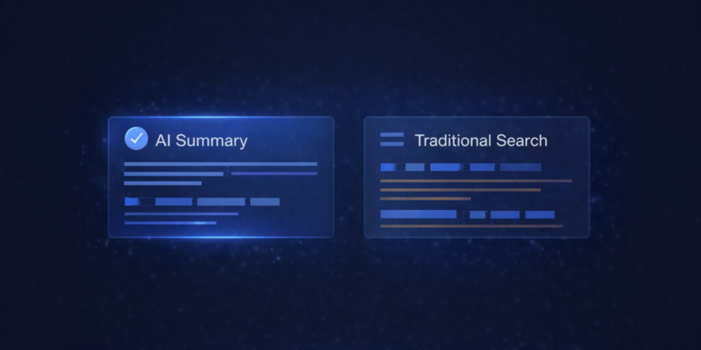 Comparison graphic showing AI Summary and Traditional Search result formats, illustrating how web clicks may change when AI summaries appear in search results.