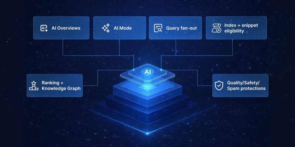 Diagram explaining how Google AI Overviews work, showing AI Overviews, AI Mode, query fan-out, index and snippet eligibility, ranking and Knowledge Graph, and quality, safety, and spam protections connected to a central AI system.