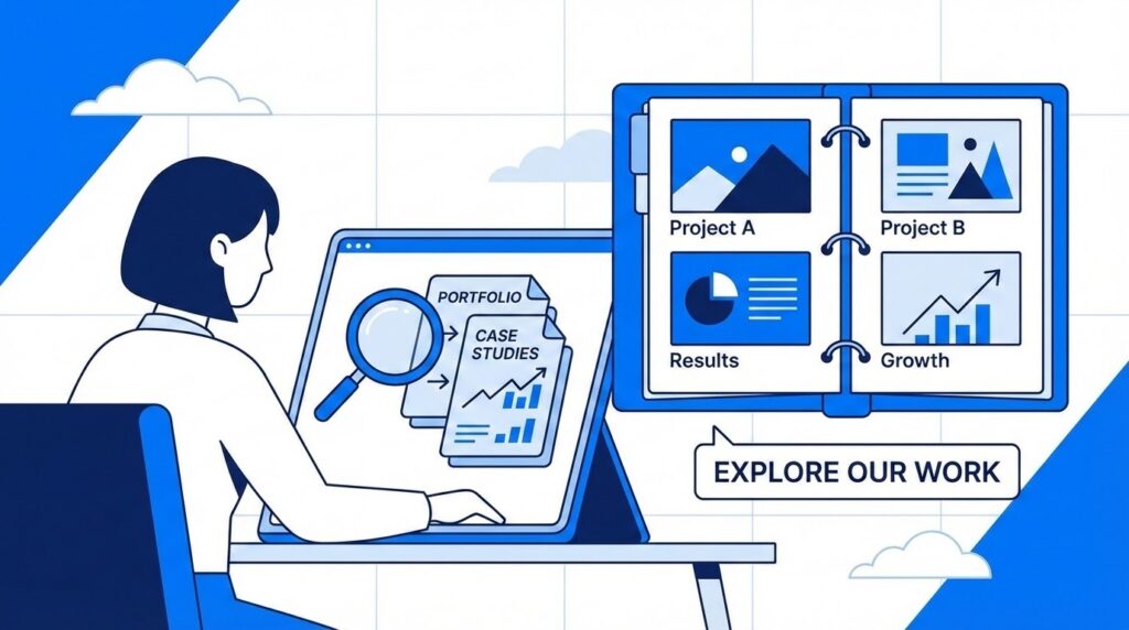 Check Portfolio and Case Studies: an illustrationn image in blue and white theme