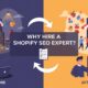 Why hire a Shopify SEO expert illustration showing struggling online store before SEO and successful growing Shopify store after optimization